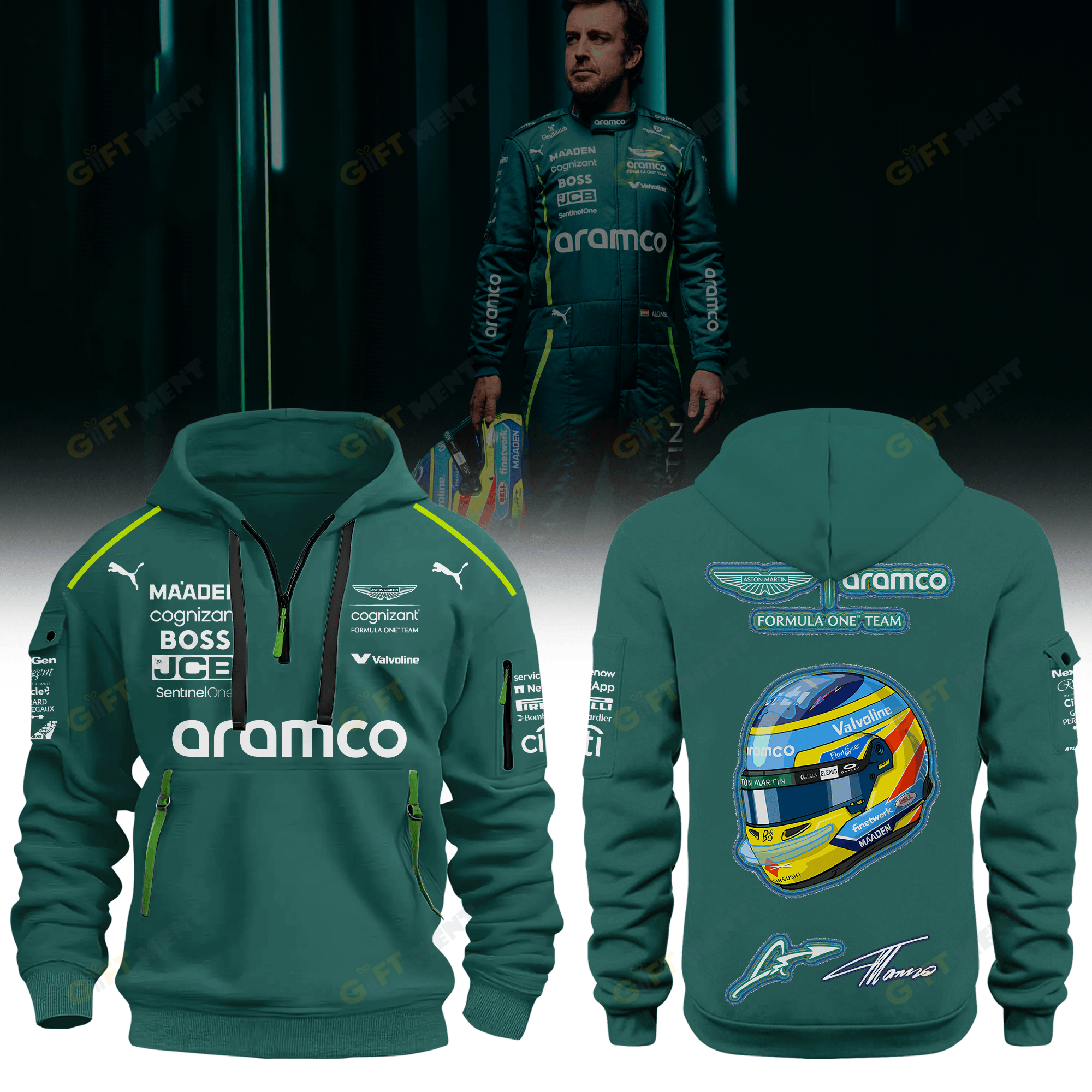 Aston Martin Aramco × Fernando Alonso Half Zip Premium Hoodie
